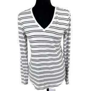Banana Republic Casual Long Sleeve Sweater White black stripes v-neck size S